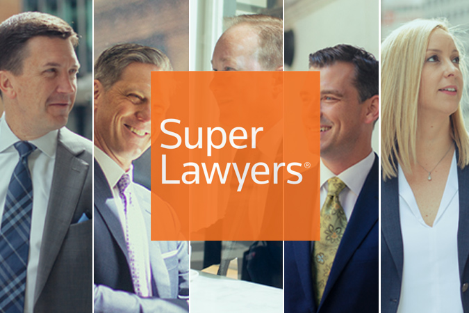Craig Peters, Kevin Morrison, Jeremy Cloyd, Joshua White and Andje Medina's headshots with Super Lawyers logo overlaid