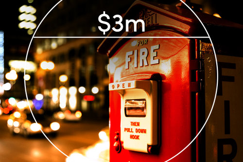 Fire alarm in city street at night with text overlaid: $3m