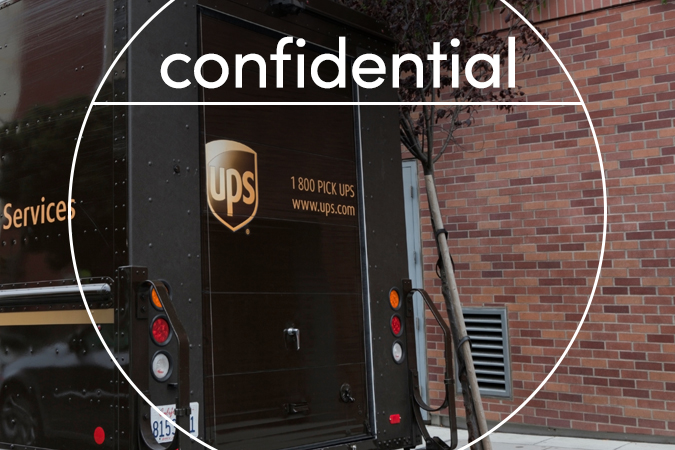Back of a UPS truck with text overlaid: Confidential
