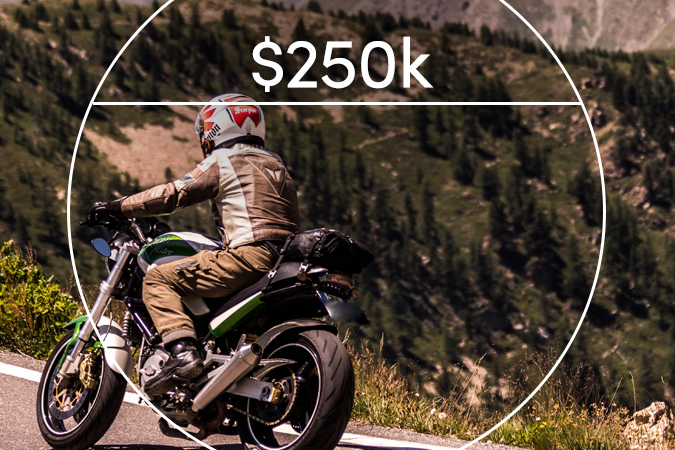 Motorcyclist on mountain highway with text overlaid: $250k