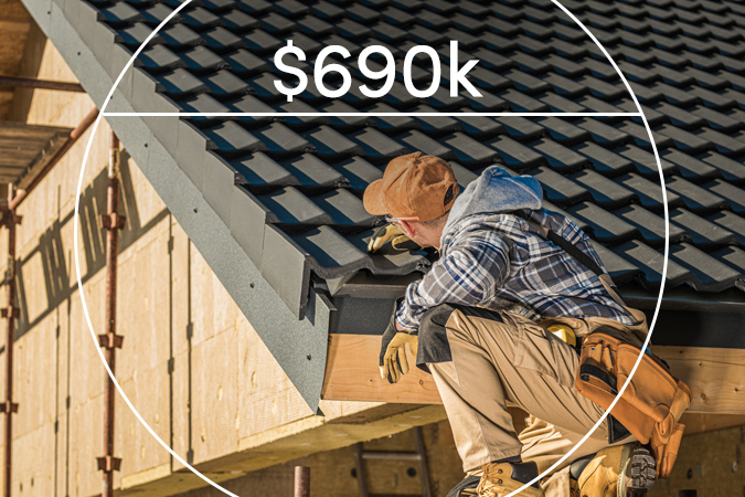Worker squatting on roof with text overlaid: $690k