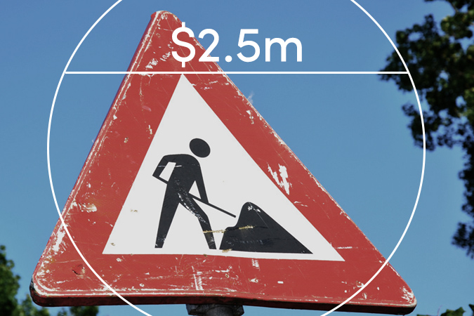 Men at work sign with text overlaid: $2.5m